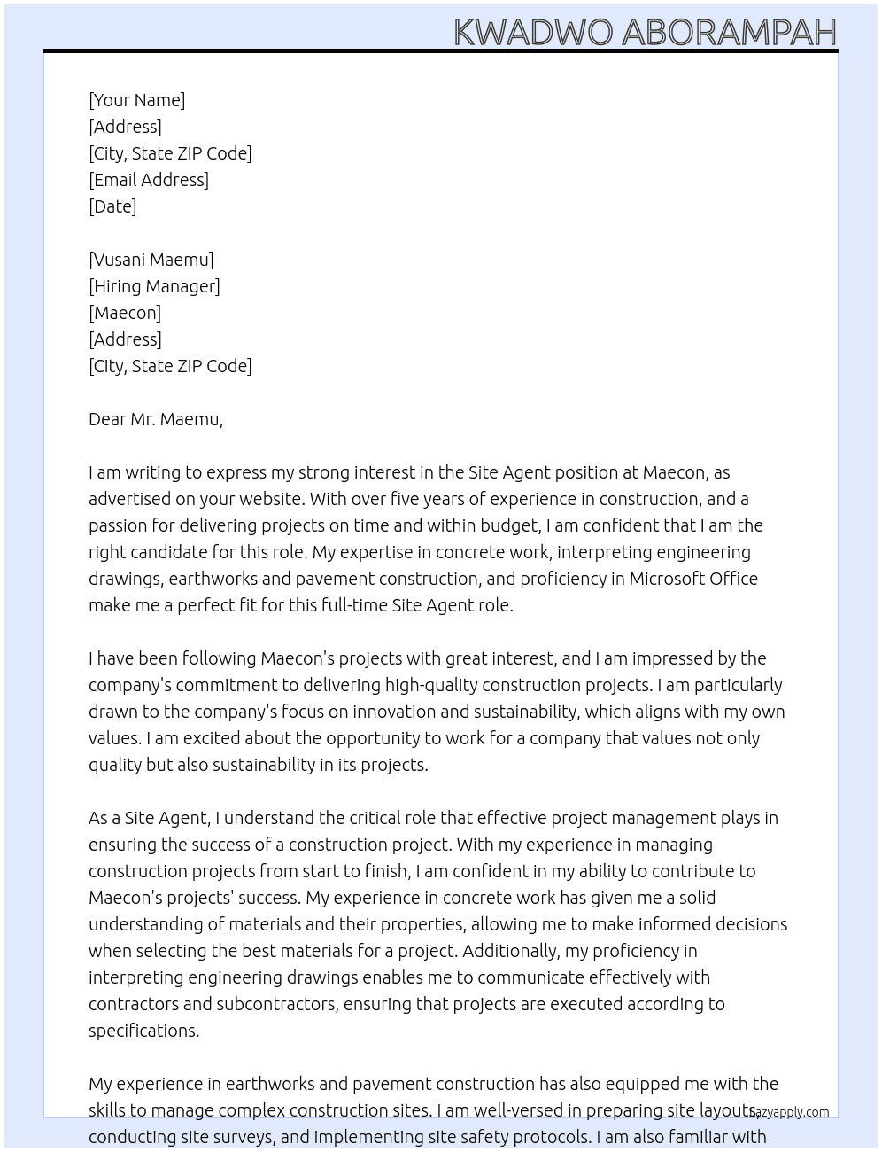 Site Agent At Maecon Cover Letter