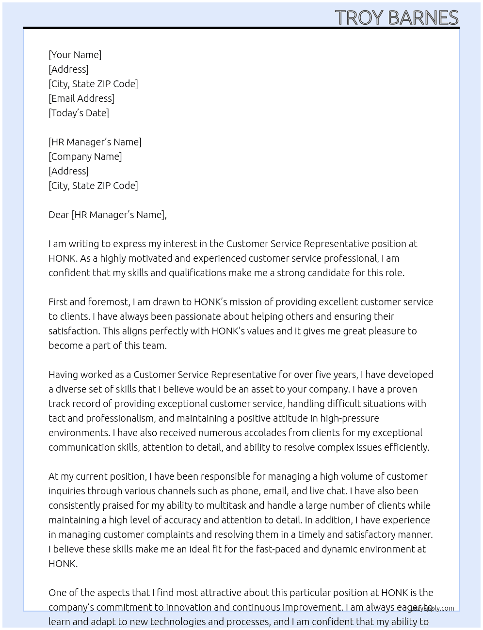 Customer Service Representative  At HONK Cover Letter