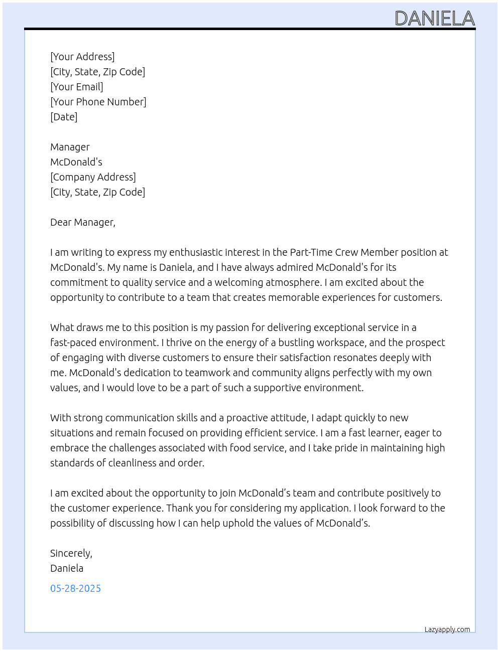 Part-Time Crew Member At Mc Donald's  Cover Letter