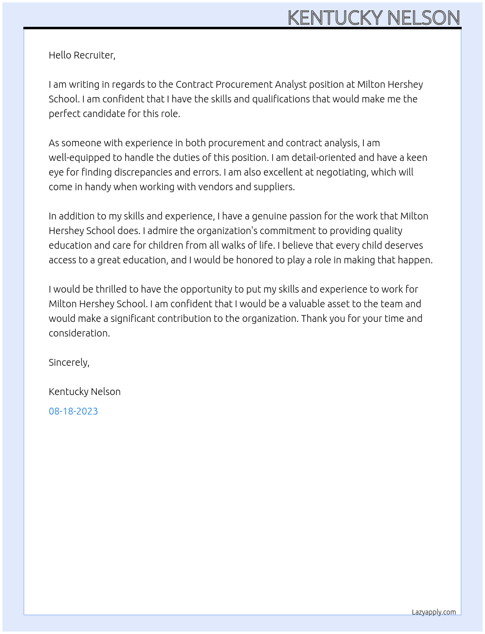 Contract Procurement Analyst At Milton Hershey School Cover Letter