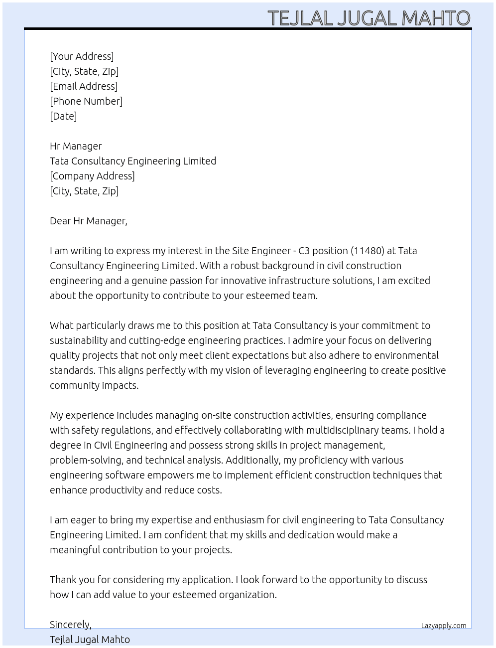 Site Engineer - C3 - Civil Construction Engineering (11480) At Tata Consultancy Engineering Limited Cover Letter