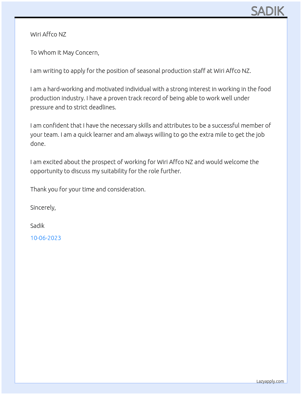Seasonal Production Staff At Wiri Affco NZ Cover Letter