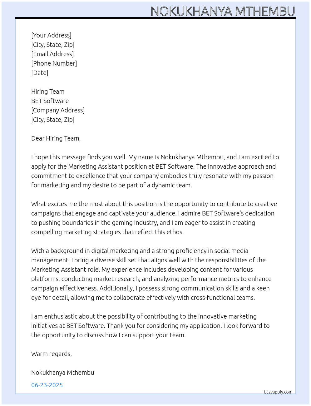 Marketing Assistant At BET Software Cover Letter