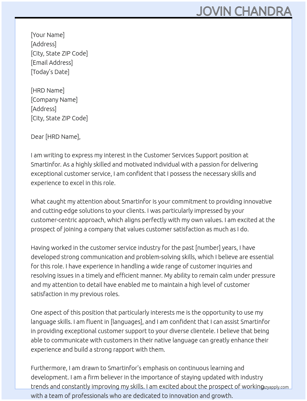 Customer Services Support At Smartinfor Cover Letter