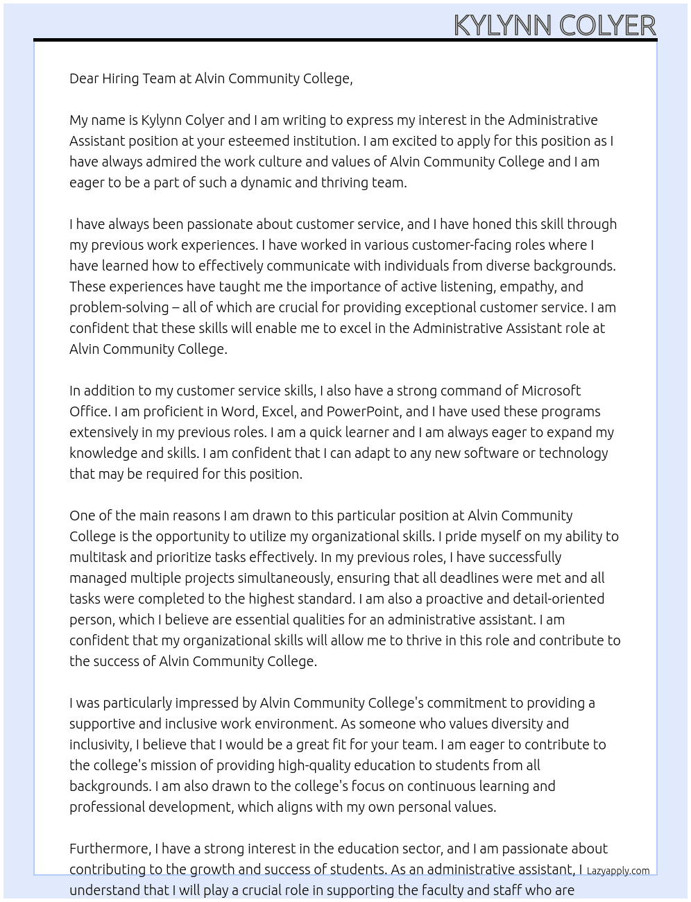 Administrative assistant At Alvin Community College Cover Letter