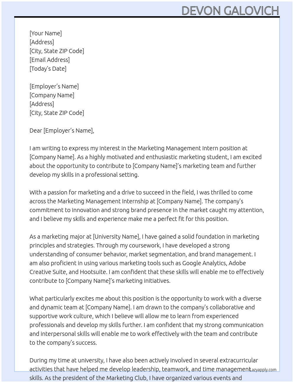 marketing management intern At any Cover Letter