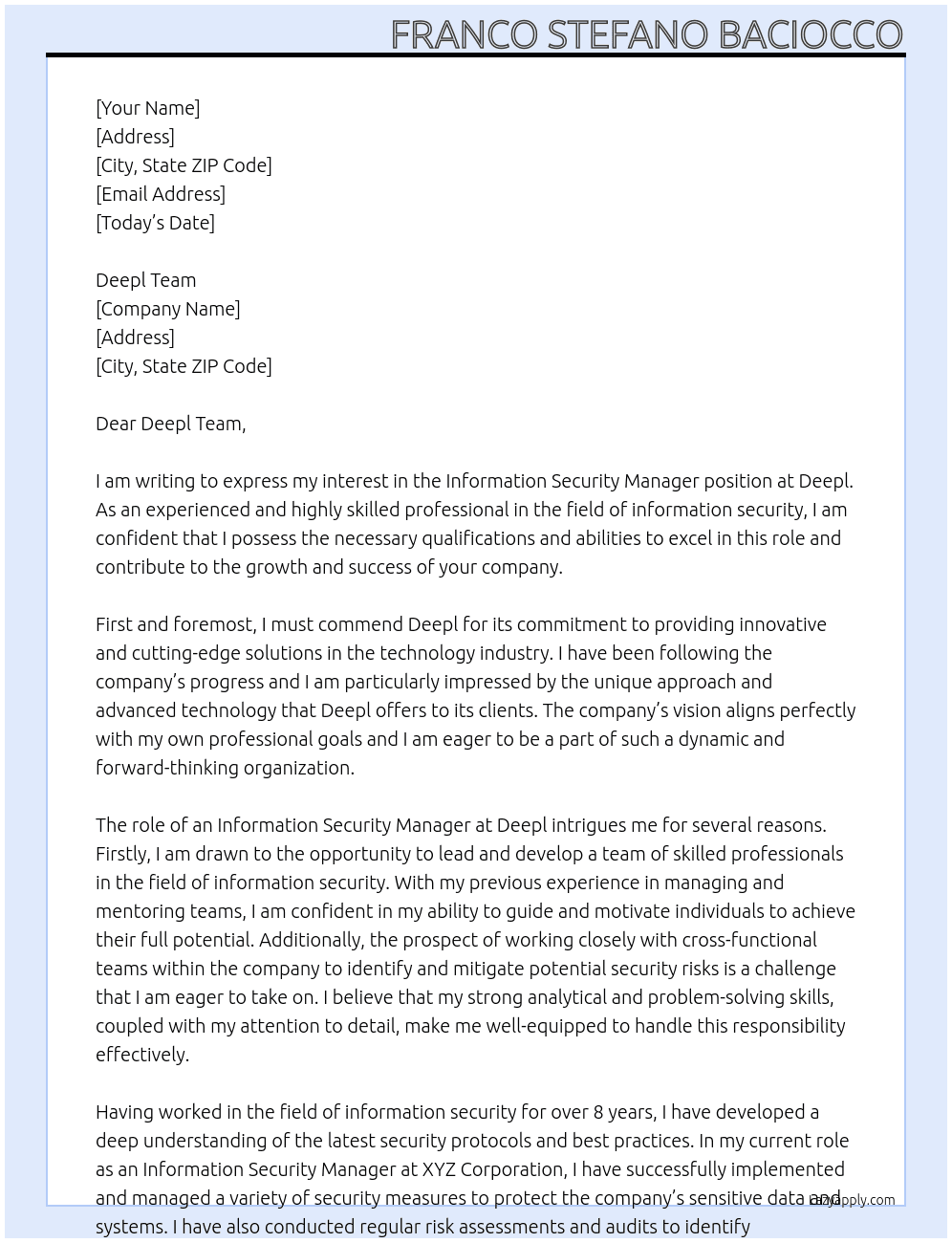 Information Security Manager At Deepl Cover Letter