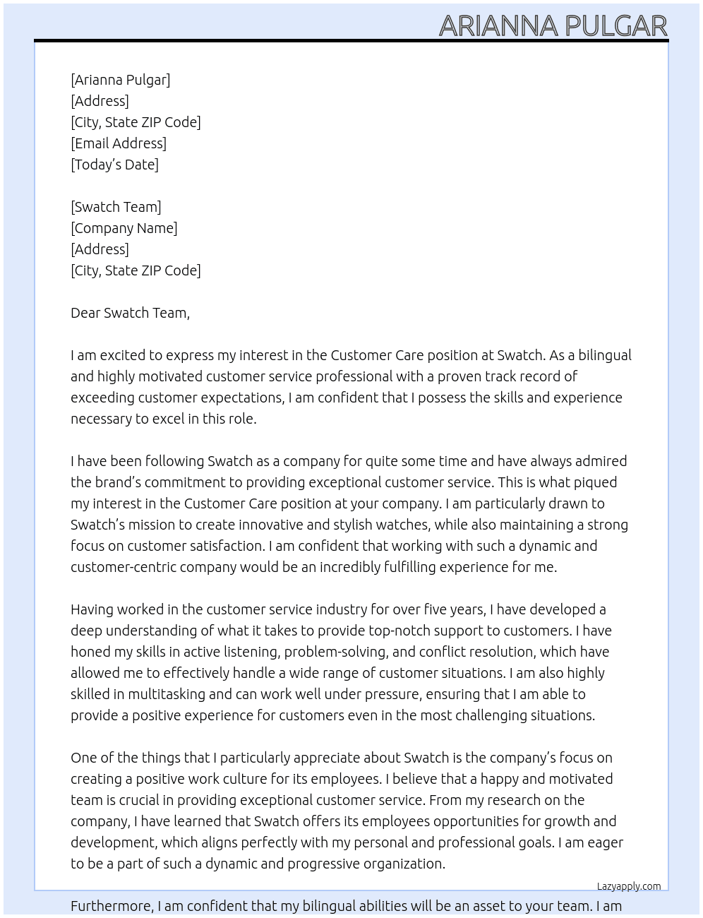 Customer Carw At Swatch Cover Letter