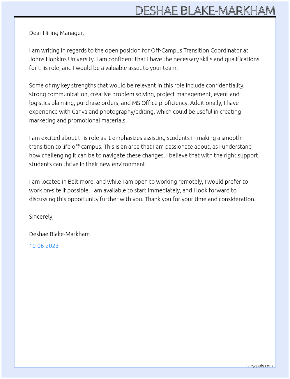 Off-Campus Transition Coordinator At Johns Hopkins University Cover Letter
