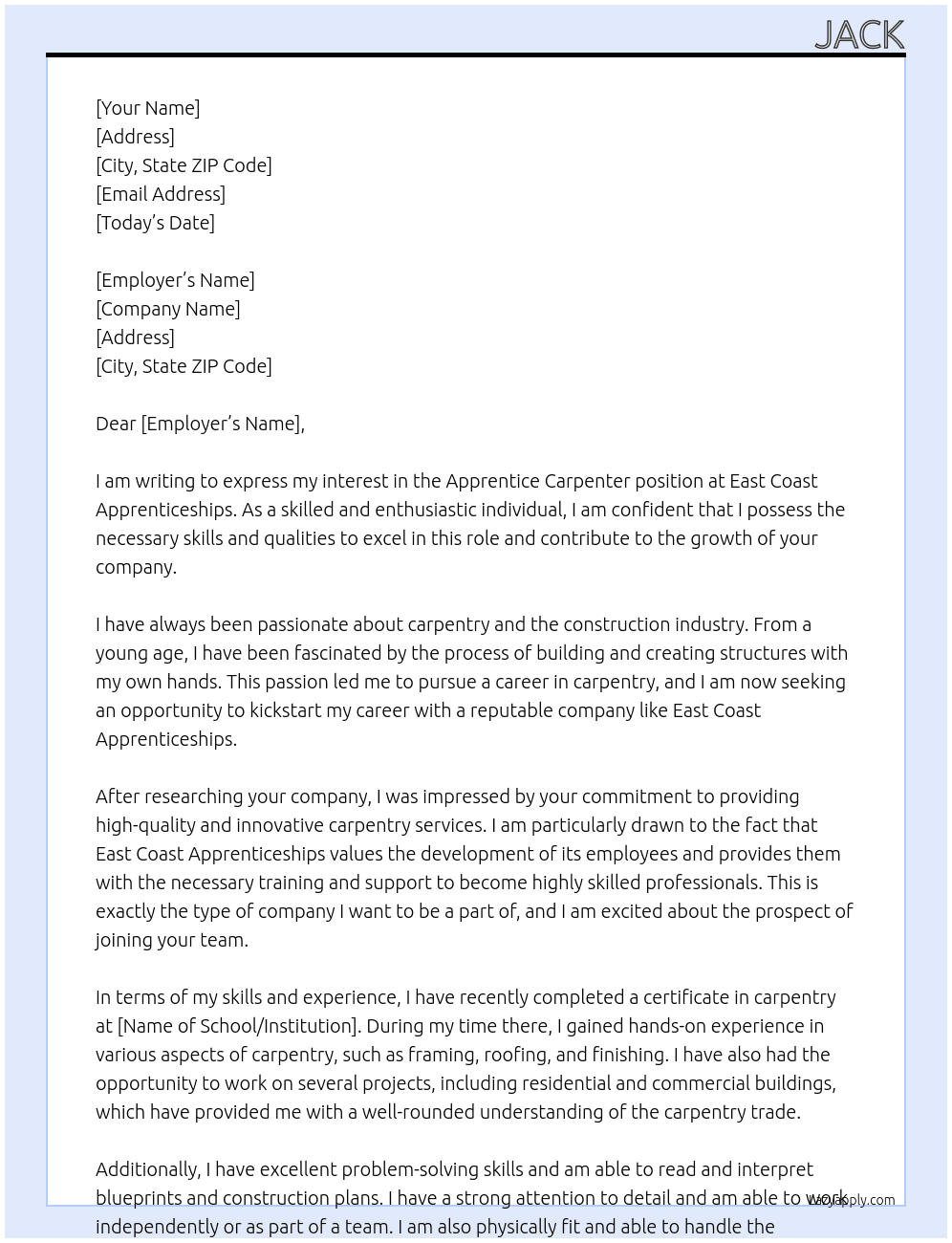 Apprentice Carpenter At east coast apprenticeships Cover Letter
