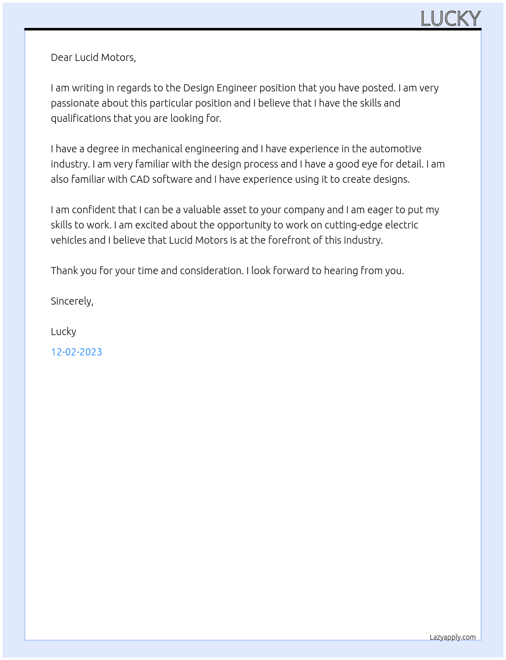 Design Engineer At Lucid Motors Cover Letter