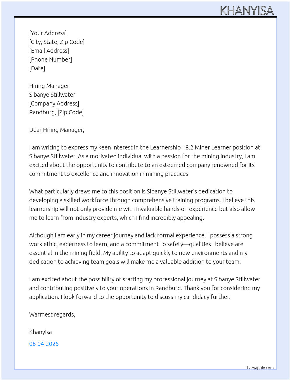 Cover letter for learnership 18.2 miner learner - LazyApply