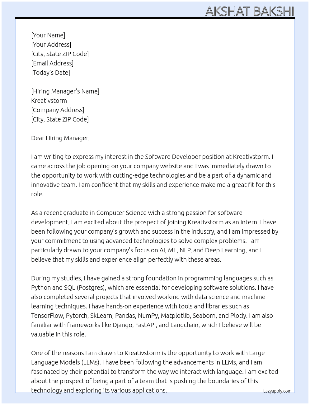 software developer At Kreativstorm Cover Letter