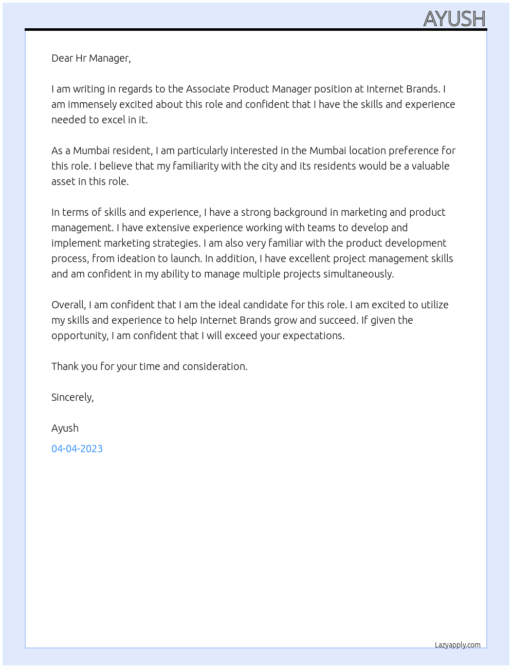 Associate product manager At Internet brands Cover Letter