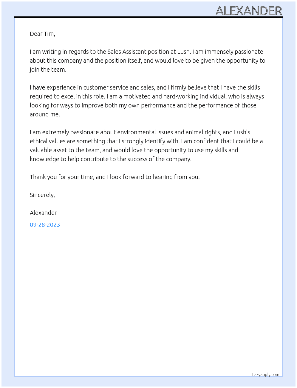 Sales Assistant At Lush Cover Letter