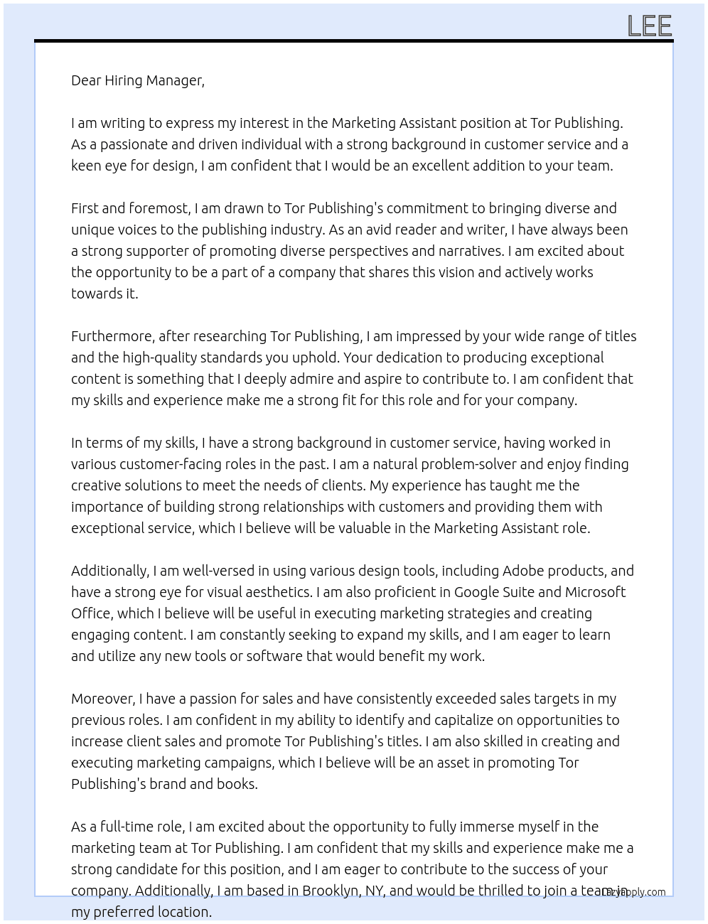 Marketing assistant At Tor Publishing Cover Letter