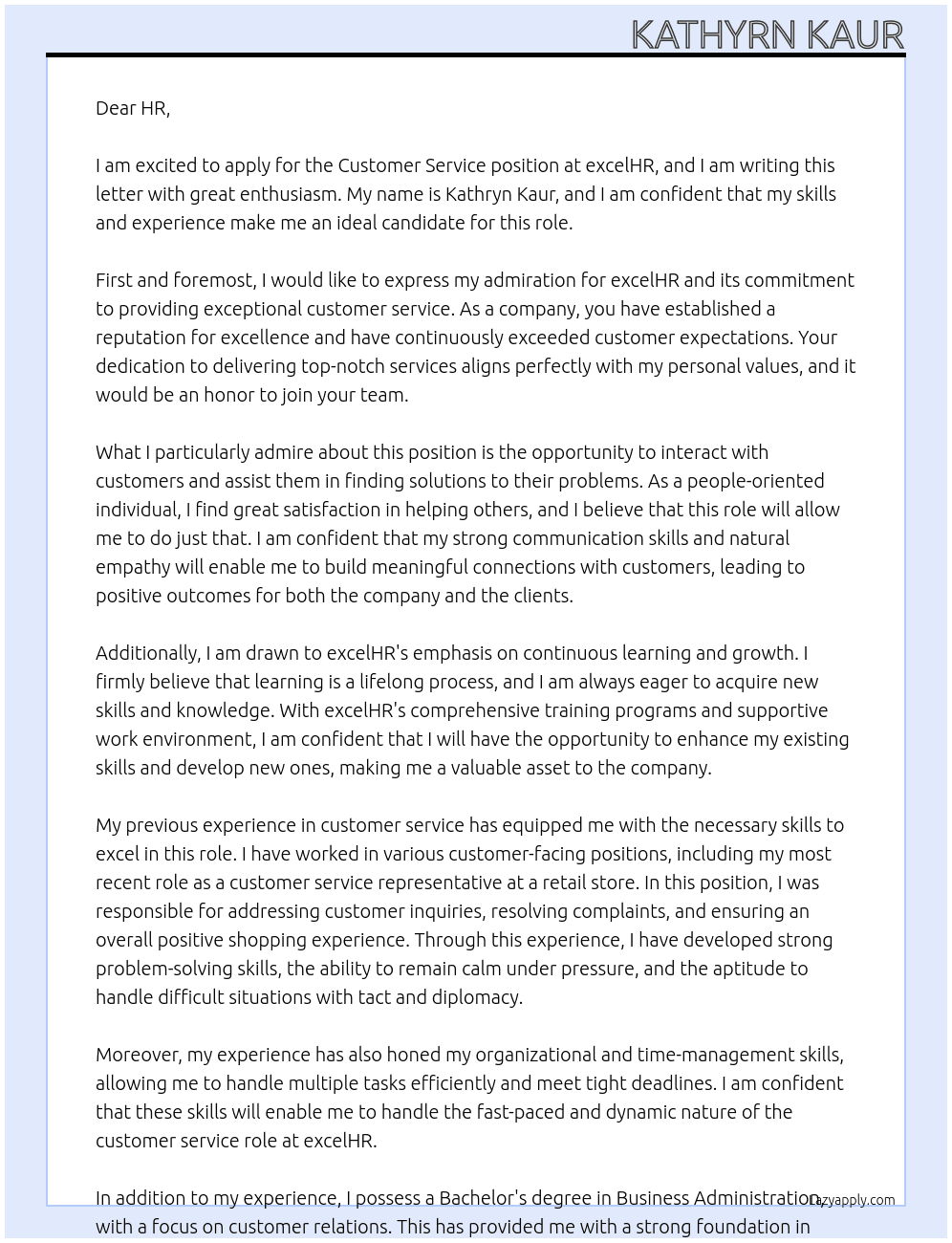 Customer Service  At excelHR Cover Letter