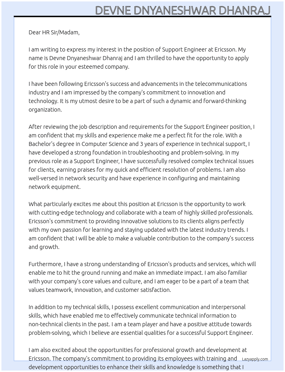 Support Engineer  At Ericsson  Cover Letter