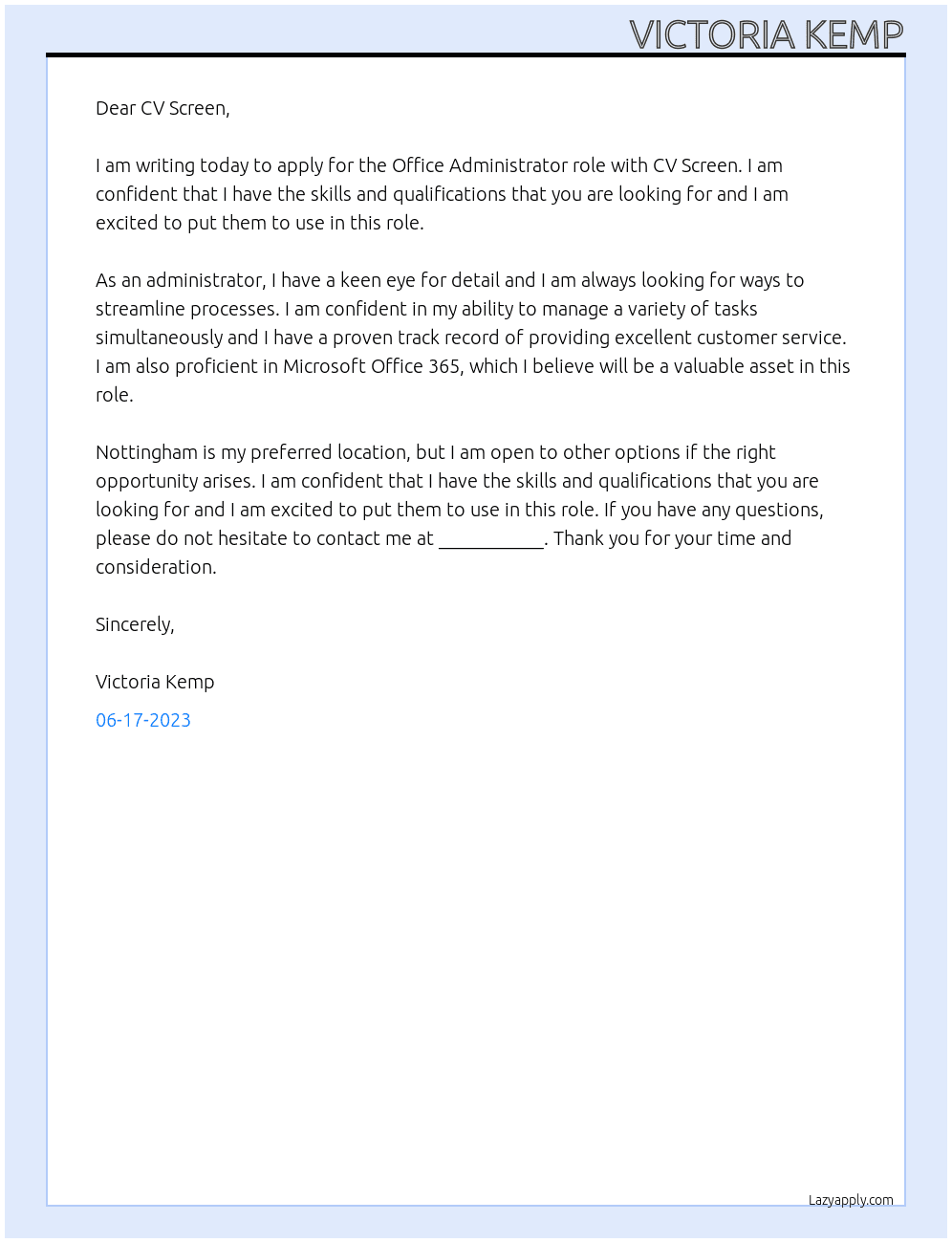 Office Administrator At CV Screen Cover Letter