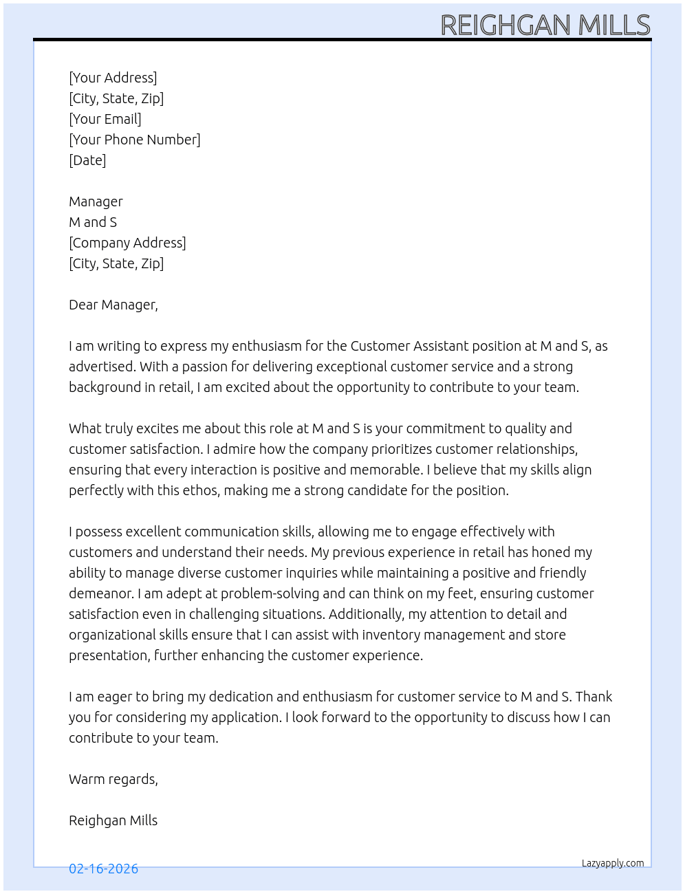 Customer Assistant At M and S  Cover Letter