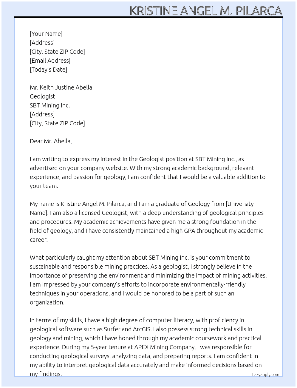 Geologist At SBT Mining Inc. Cover Letter