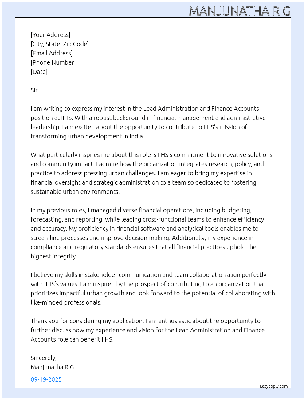 Lead administration and Finance accounts  At Iihs Cover Letter
