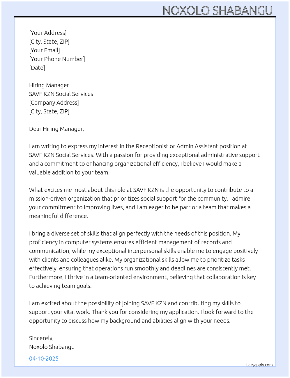 Cover letter for receptionist or admin assistant - LazyApply