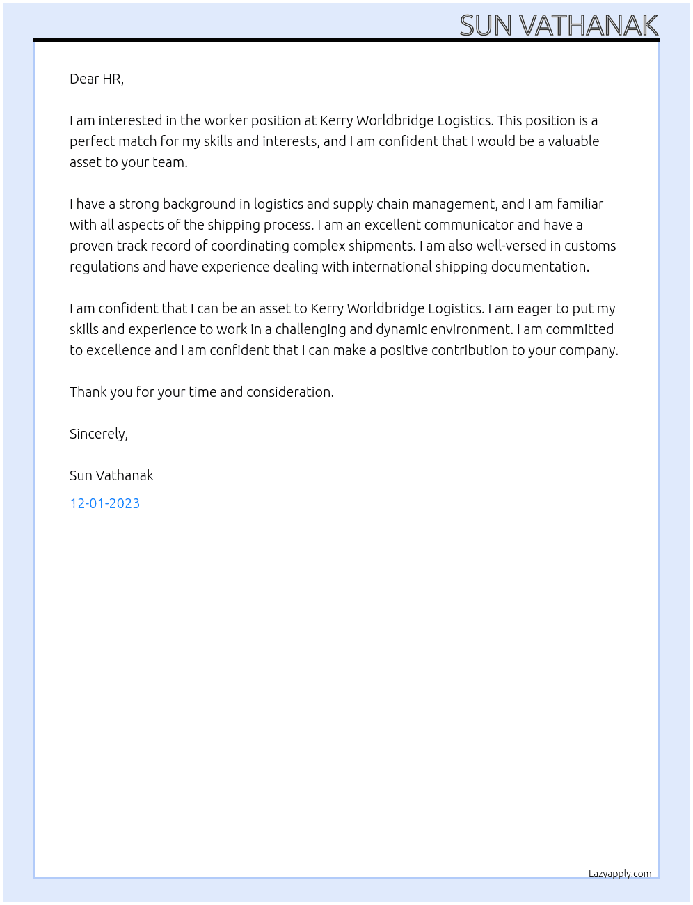 Worker At Kerry Worldbridge Logistics Cover Letter