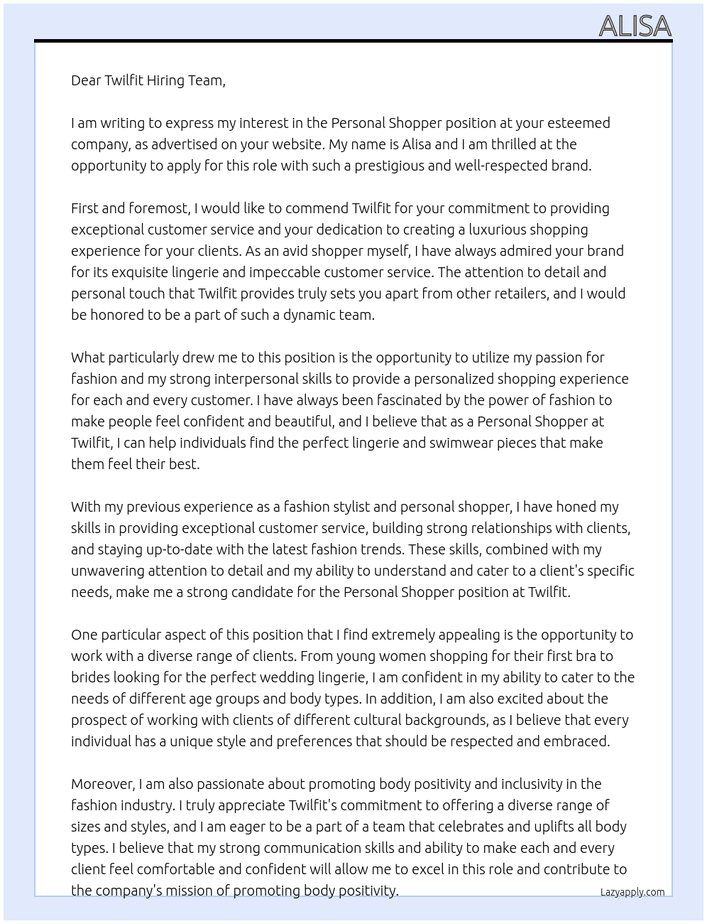 personal shopper At twilfit Cover Letter