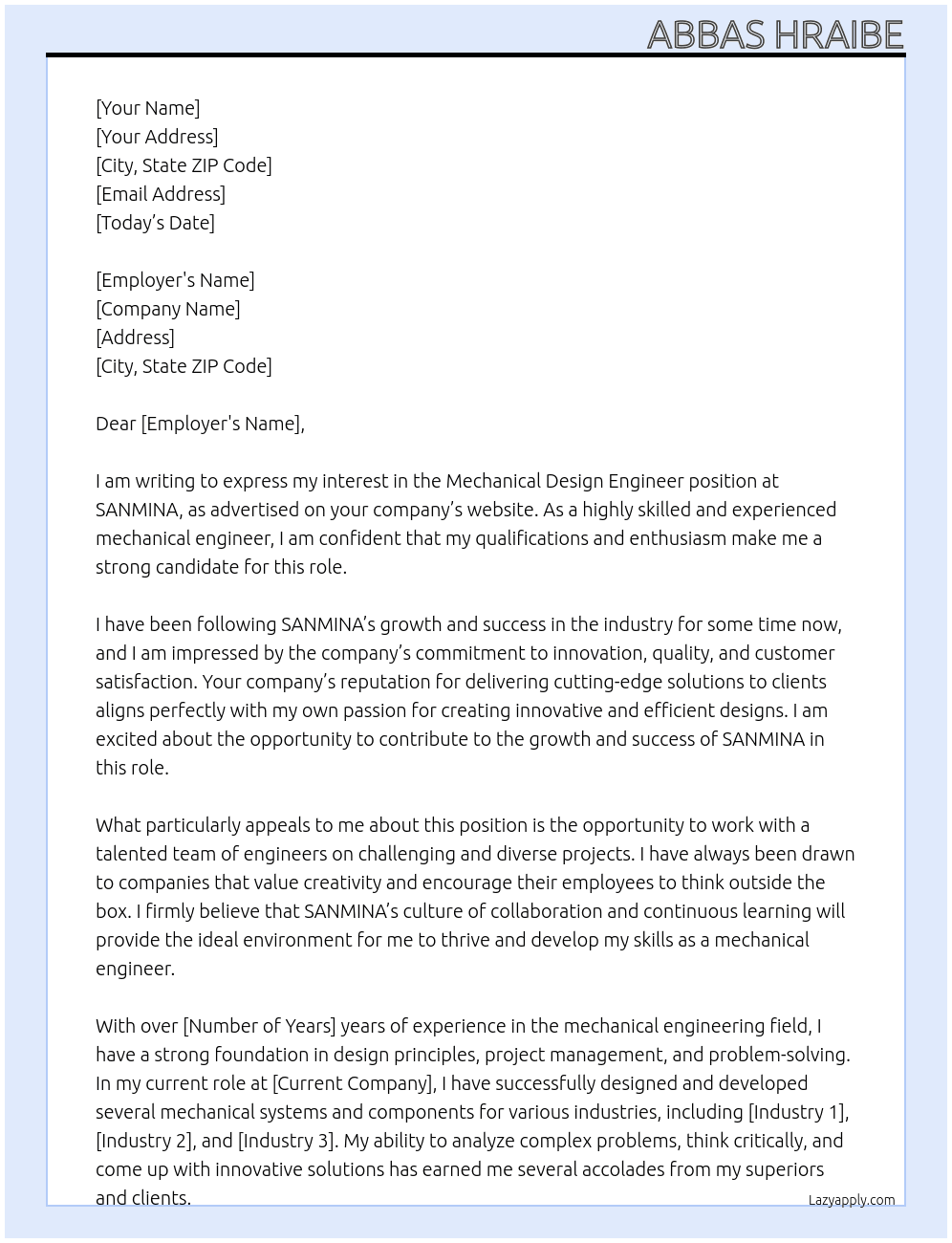 Mechanical Design Engineer At SANMINA Cover Letter