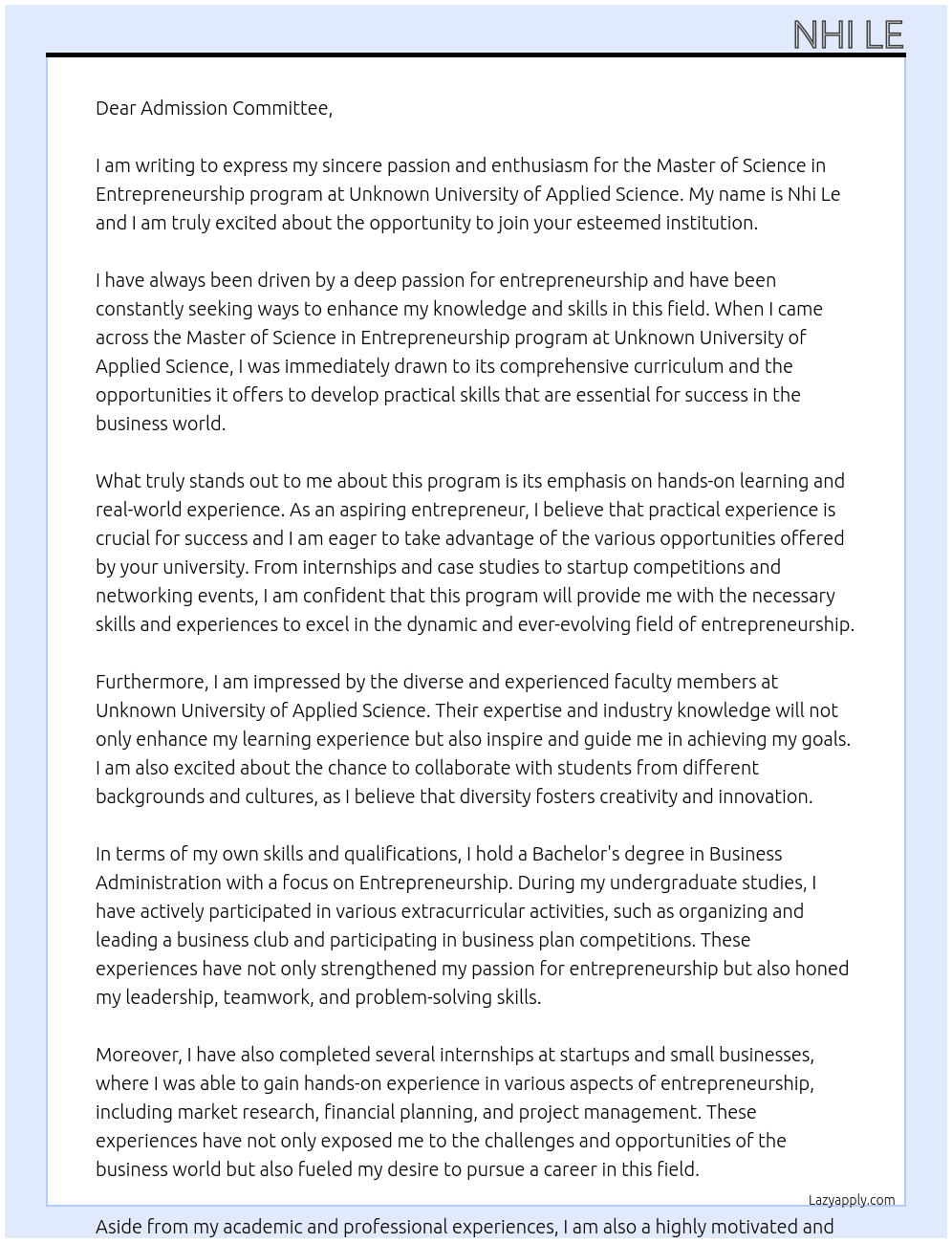 Master of science in entrepreneurship At Unknown University of Applied science Cover Letter