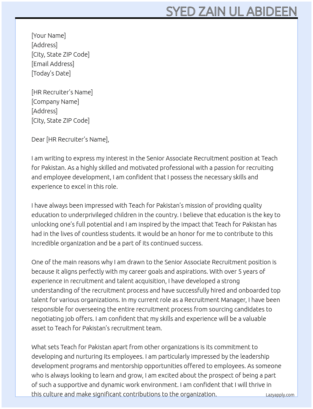 Senior Associate Recruitment At Teach for Pakistan Cover Letter