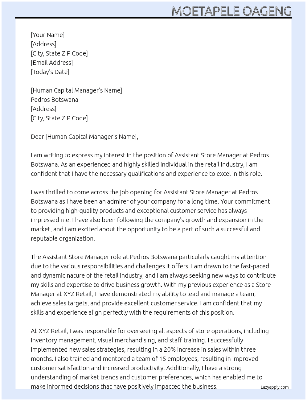 Assistant Store Manager  At Pedros Botswana  Cover Letter