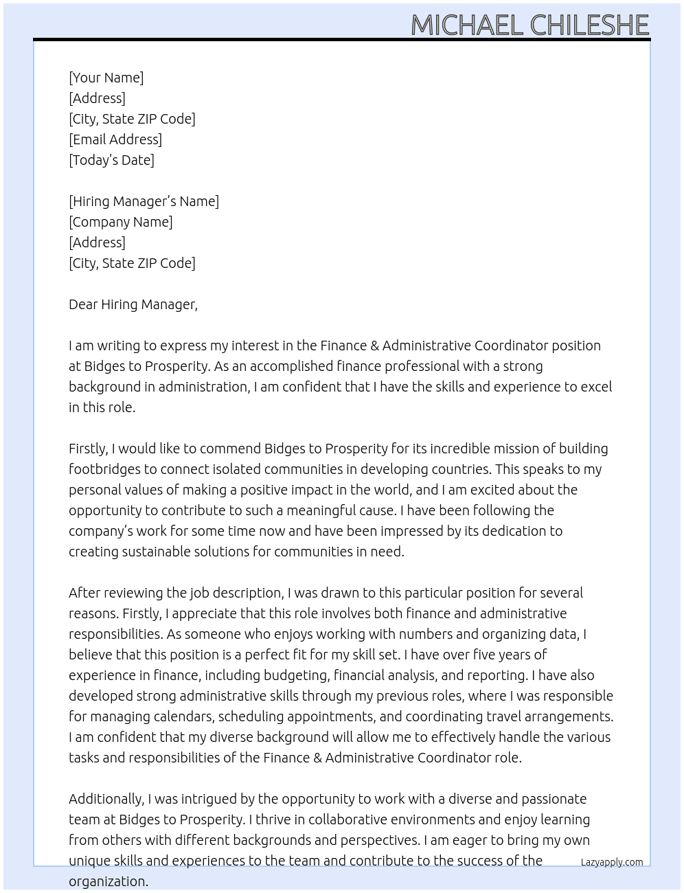 Finance & Administrative Coordinator At Bidges to Propserity Cover Letter