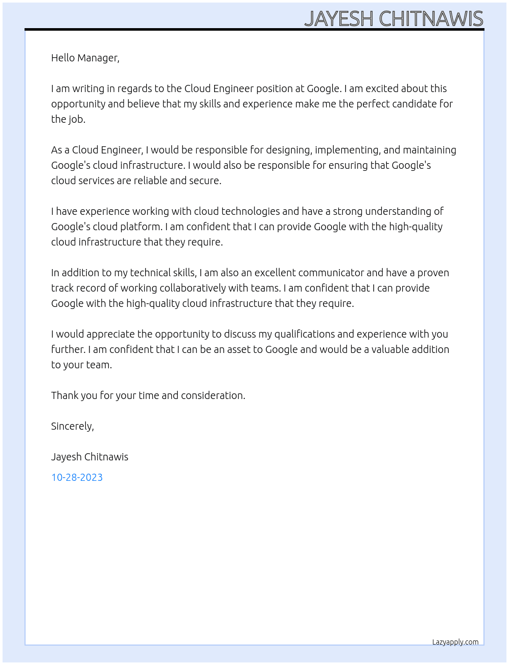 cloud engineer At google Cover Letter
