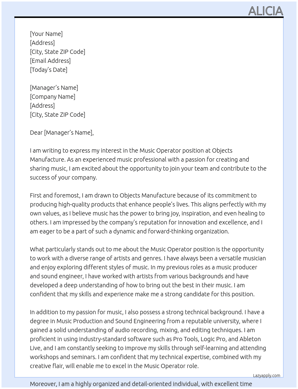 Music operator At Objects manufacture Cover Letter