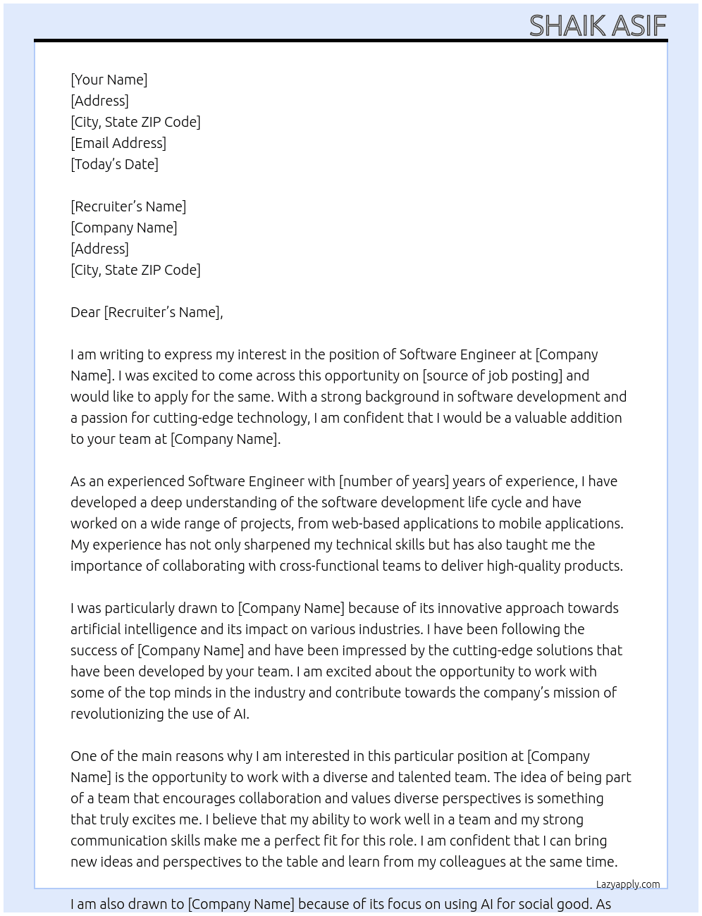 Software Engineer  At archit AI Cover Letter