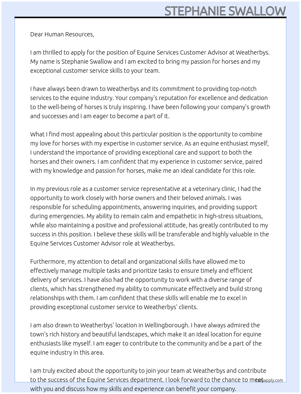 Equine services customer advisor  At Weatherbys Cover Letter
