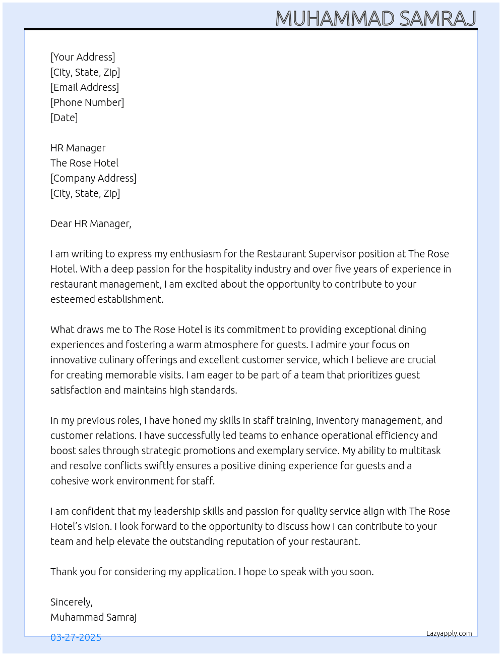 Restaurant Supervisor At The Rose Hotel Cover Letter