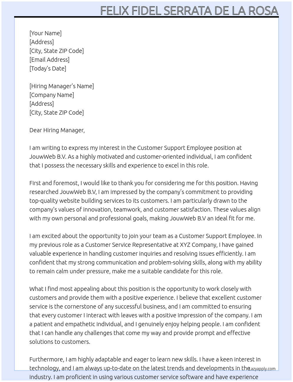 Customer Support Employee At JouwWeb B.V Cover Letter