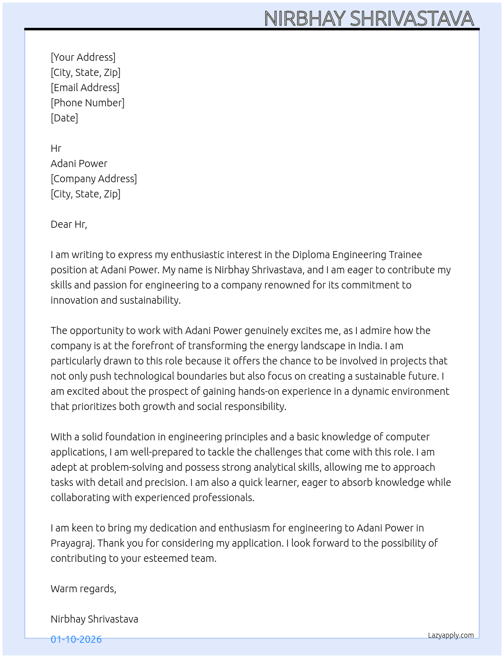 Diploma Engineering trainee  At Adani Power  Cover Letter