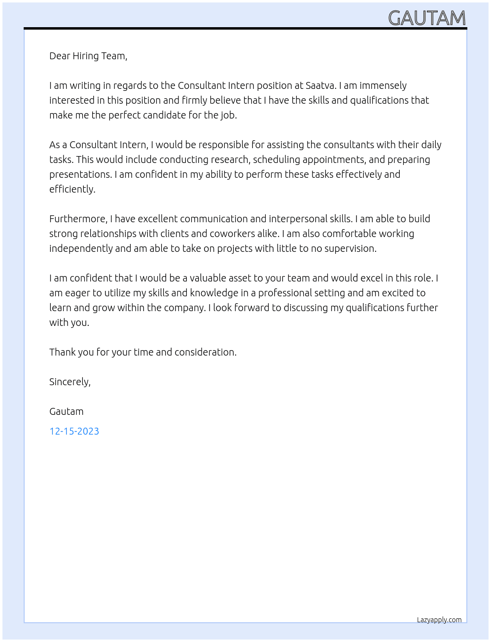 Consultant intern At Saatva Cover Letter