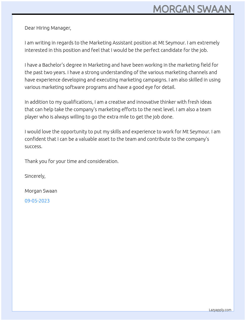 Marketing Assistant  At Mt Seymour Cover Letter