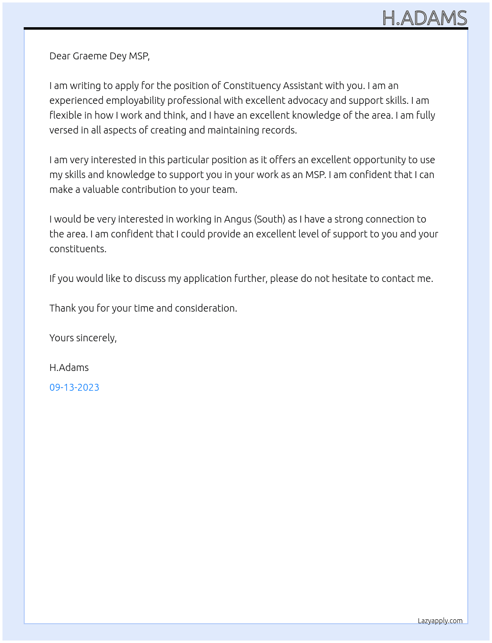 Constituency Assitant At Graeme Dey MSP Cover Letter
