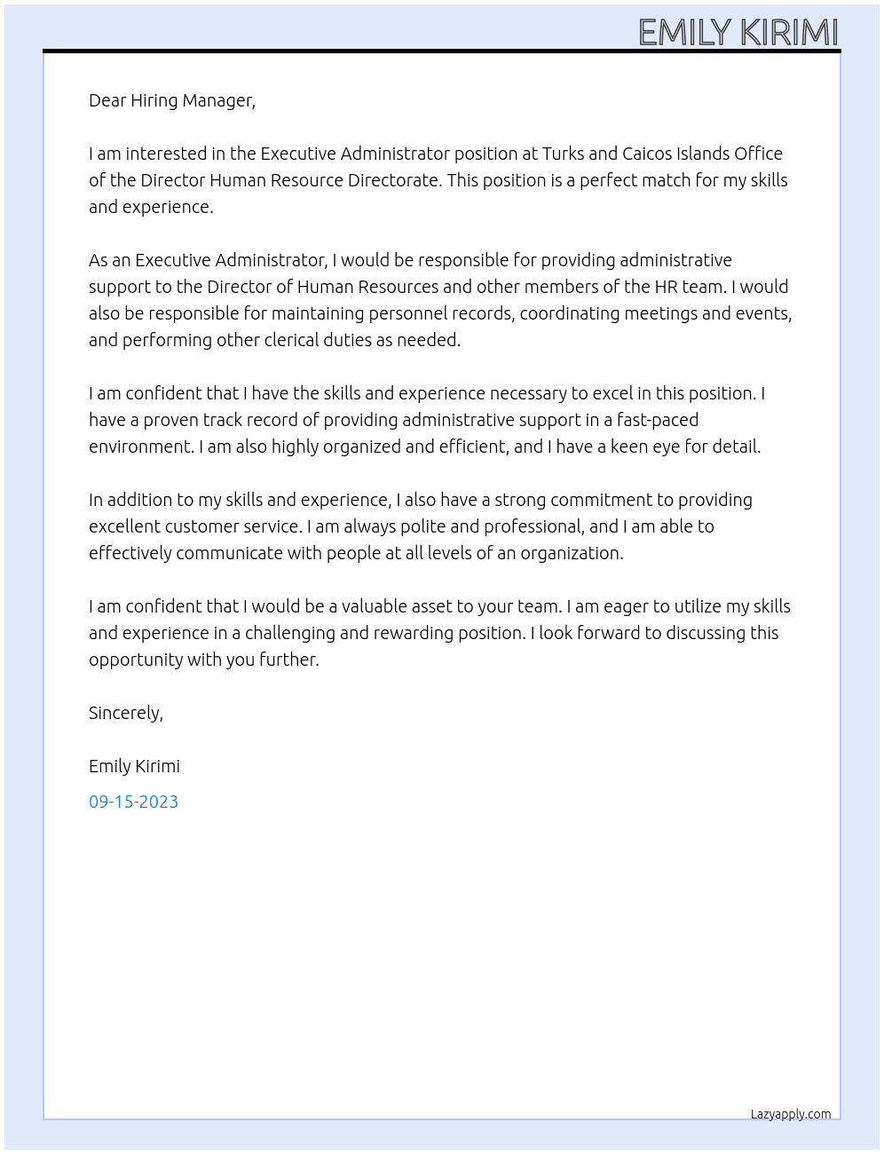 Executive Administrator At Turks and caicos Islands Office of the Director Human Resource Directorate Cover Letter