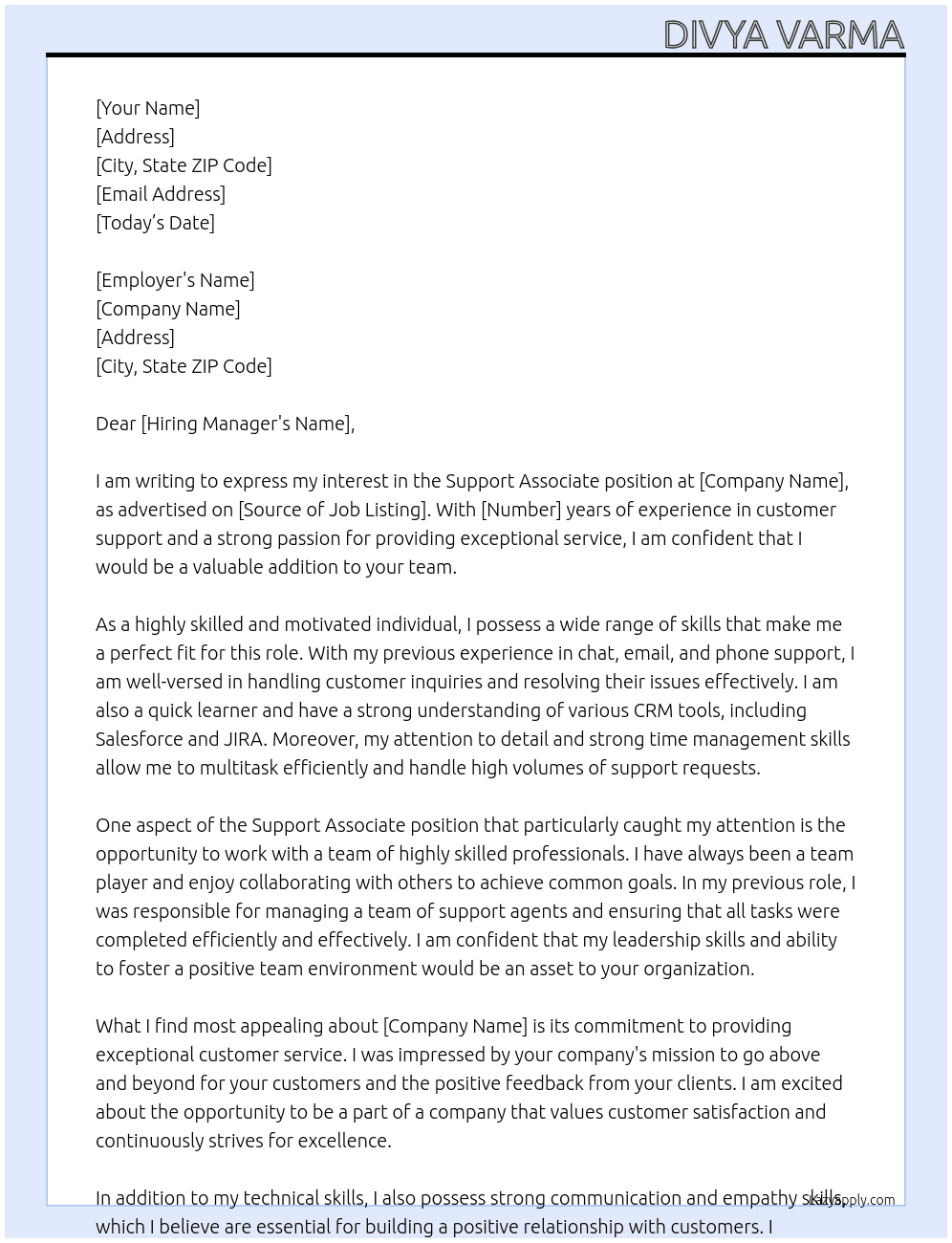 Support Associate At xxx Cover Letter