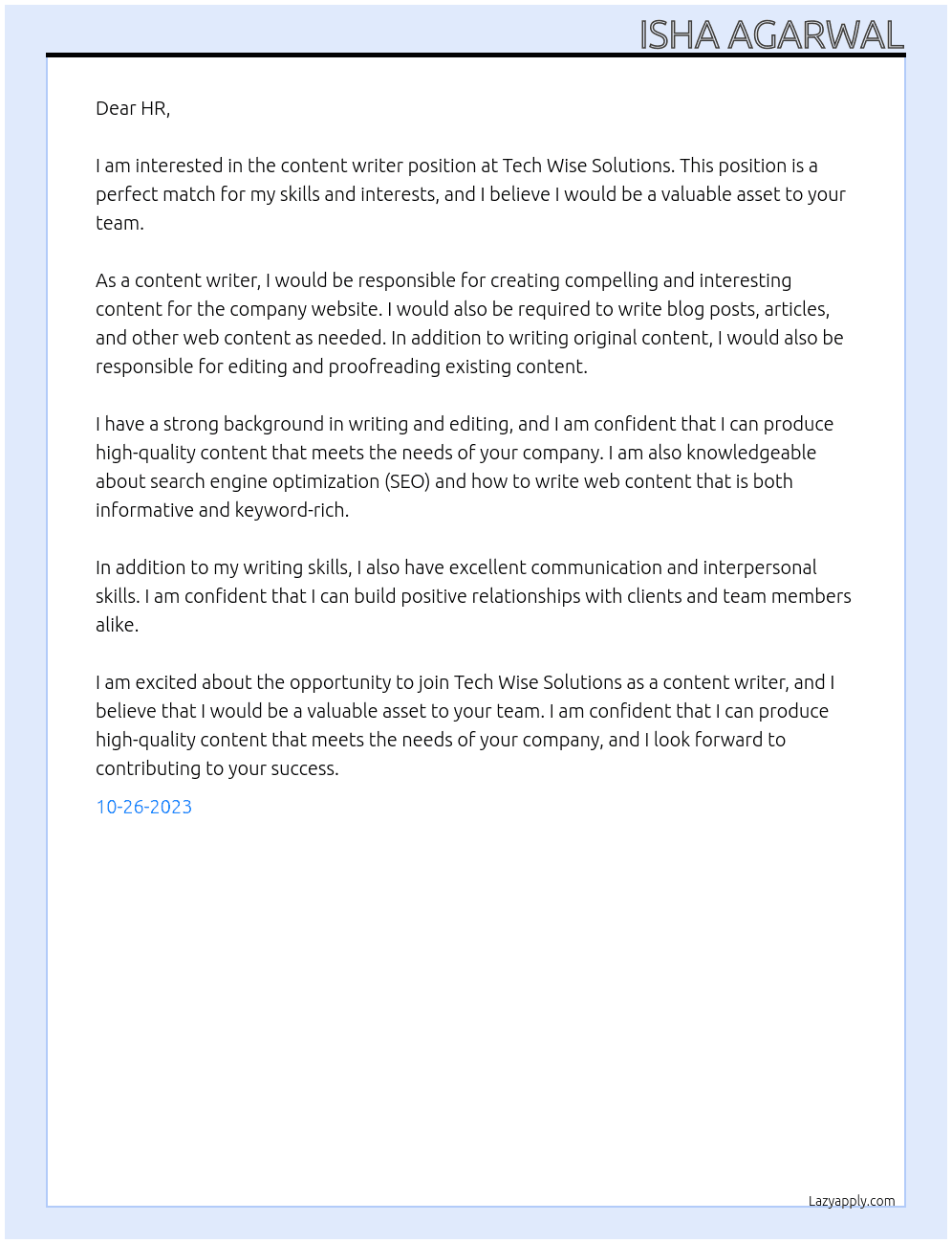 Content writer At Tech wise solutions Cover Letter
