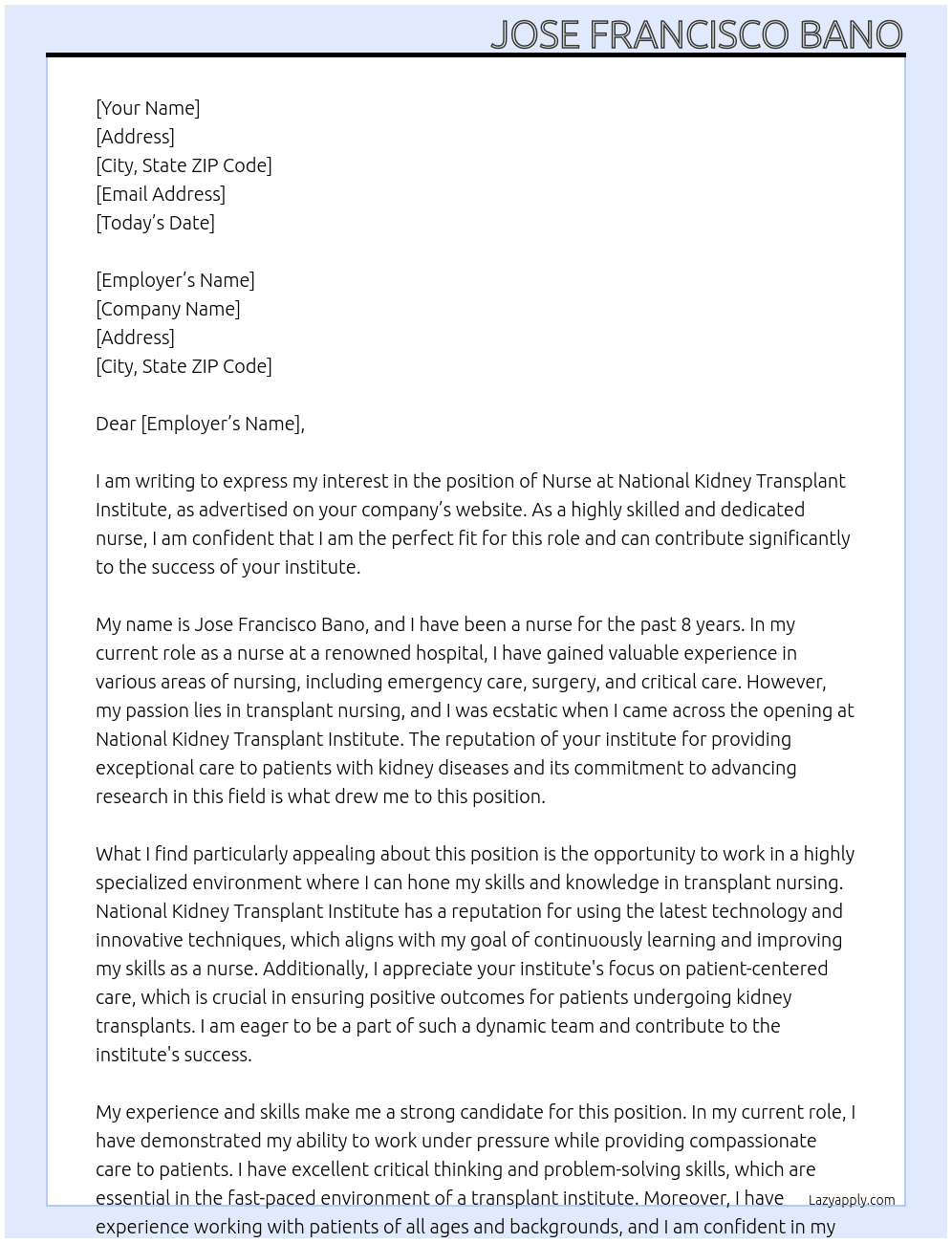 nurse At national kidney transplant institute Cover Letter