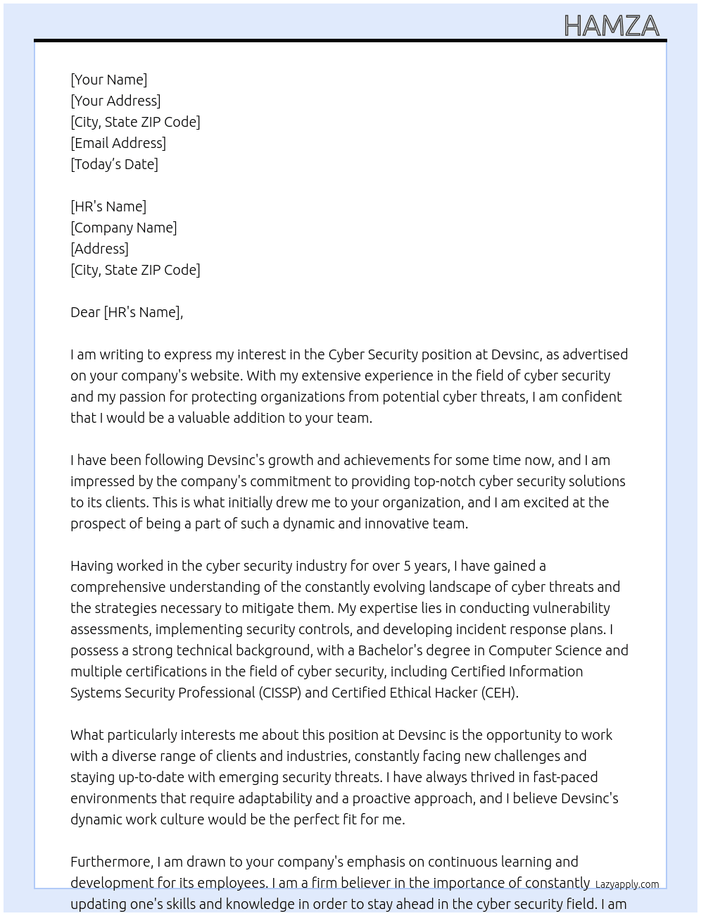 Cyber Security  At Devsinc Cover Letter
