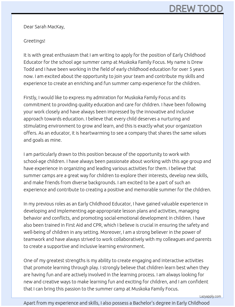 Early Childhood Educator school age summer camp At Muskoka Family Focus Cover Letter